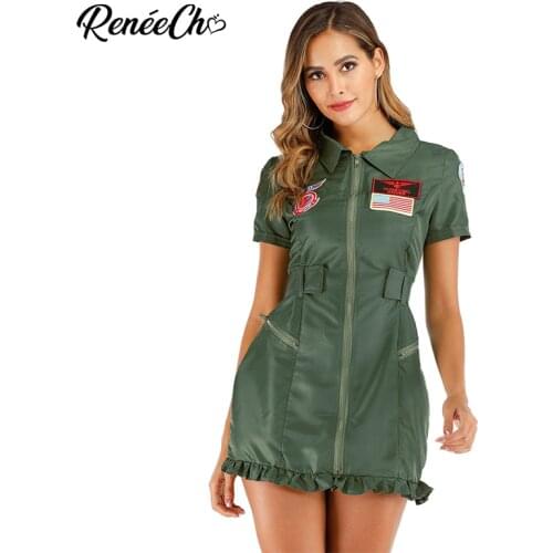 Reneecho Women Pilot Costume Top Gun Flight Dress Costume Sexy Army Girl Dress Halloween Costume For Adult