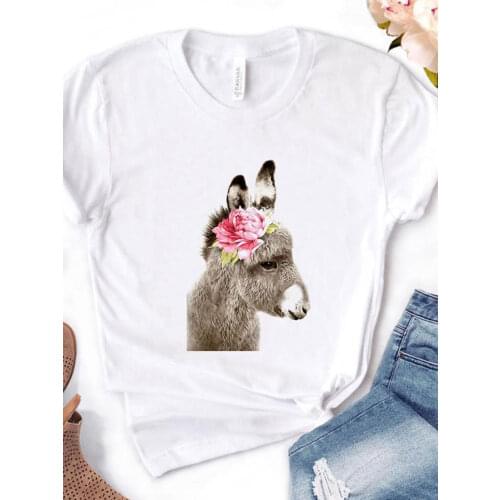 Women T Shirt Donkey Flower Print Tshirt Women Short Sleeve O Neck Loose T-shirt Ladies Causal Tee Shirt Clothes Tops