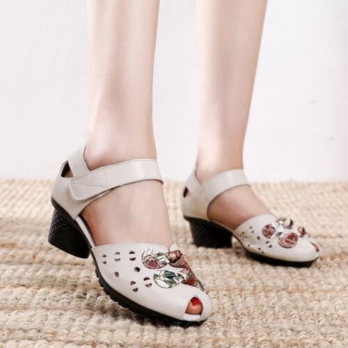 2020 New Women Sandals Soft Stitching Ladies Genuine Leather Square High Heels Peep Toe flower printing sandalias mujer shoes