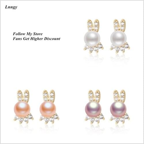 Lnngy 14K Gold Filled Bunny Stud Earrings 6.5-7mm Natural Cultured Freshwater Pearl Earrings Women Party Fine Jewelry Earrings