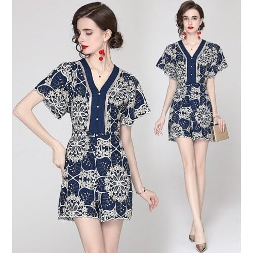 Womens Summer New V-neck Solid Color Embroidered Short-Sleeved Jumpsuit One-Piece Shorts