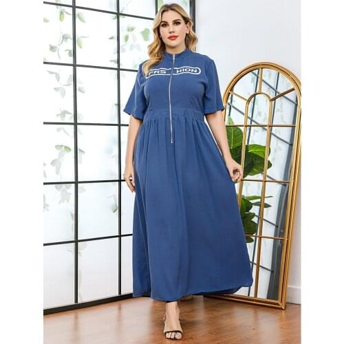 Elegant Party Woman Maxi Long Dress Blue Robe Gowns 3XL Plus Size Clothes Half Sleeve Zipper Stitching Letter Print Dress 2021