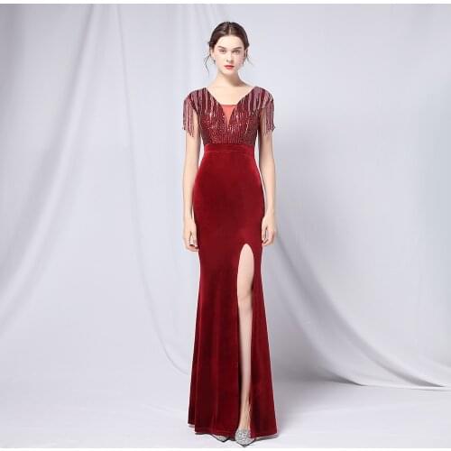 Beauty-Emily Long Evening Dress Tassel Sequins Velvet Beading Mermaid Party Gowns For Women 2021 ED18630