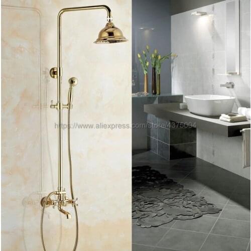Gold Color Brass Bathroom Rainfall Shower Faucet Set Mixer Tap With Hand Sprayer Wall Mounted Bath Tub Mixer Tap Ngf346
