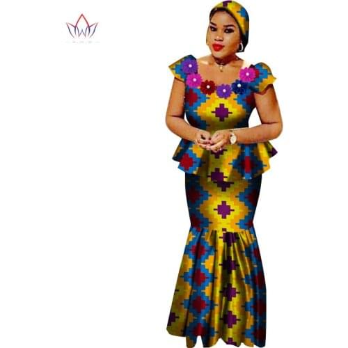 African Bazin Riche Dresses for Women Set Clothes Skirt Top Sets for Women High Waist Skirt Long African Skirt Plus Size WY2564