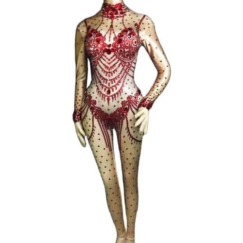 Glitter Diamond Skinny Stretch Jumpsuit Women Long Sleeve Bodysuit Nightclub Singer Performance Costume Pole Dancing Stage Wear