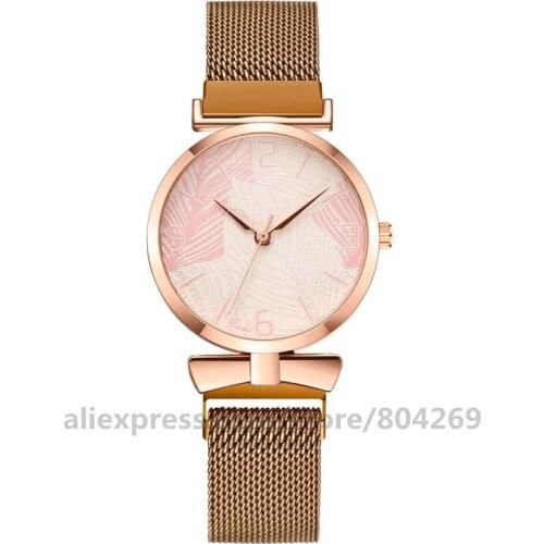 Charming Women Magnetic Band Digital Leaves Pattern Women Wristwatches Fashion Women Quartz Watches Hot Sales