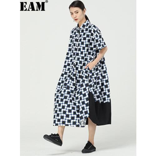 [EAM] Women Blue Pattern Printed Big Size Long Dress New Lapel Short Sleeve Loose Fit Fashion Tide Spring Summer 2021 1DD9684