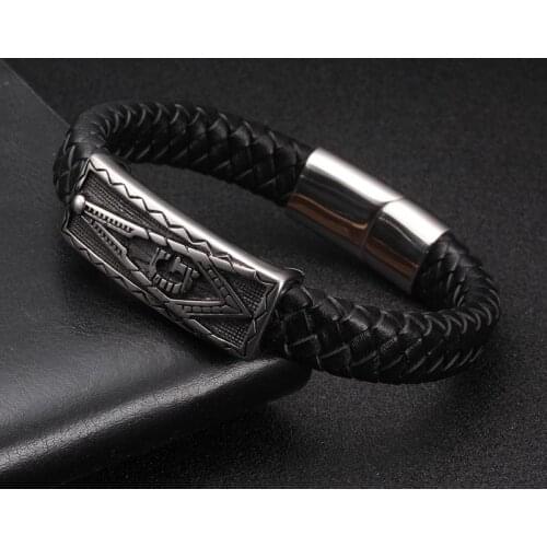 Vintage Charm Genuine Leather Men Male Sporty Bracelets Classic Handmade Braided Stainless Steel Chain Link Cuff Bangles