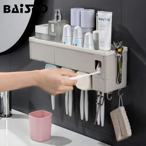BAISPO Home Bathroom Accessories Wall Mount Rack Toothbrush Holder Automatic Toothpaste Dispenser Holder Fit Bathroom Products