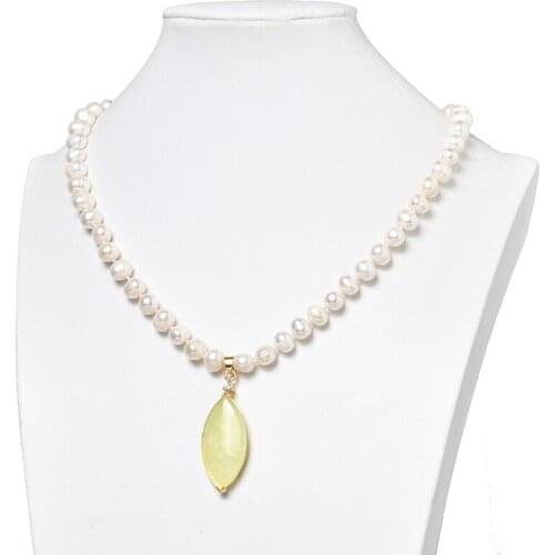 New Fashion Leaf Shape 13x43x8mm Pendant 8-9mm White Pearls Freshwater Natural Pearls Necklace 18inch H516