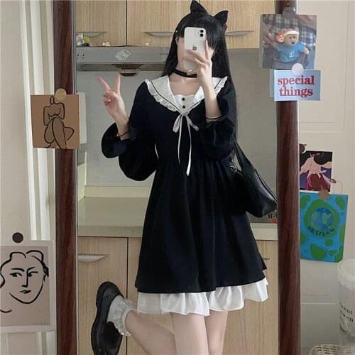 Japanese Autumn Cute Soft Girl College Style Sweety Dress Peter Pan Collar Kawaii Ruffles Flare Sleeve Vintage Black Dresses