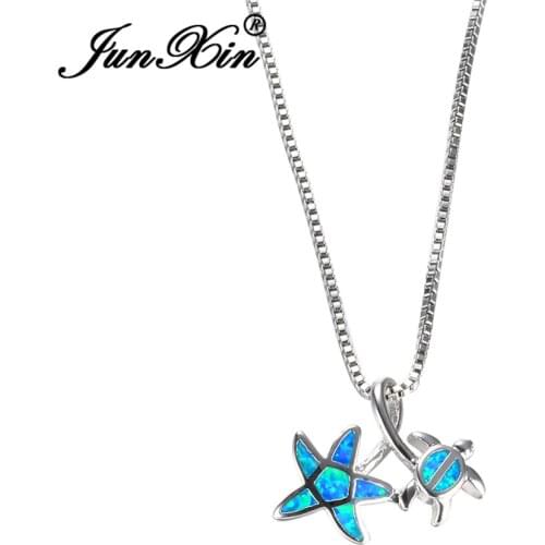 JUNXIN Blue Opal Turtle & Star Necklace Silver Color Necklaces Pendants For Women New Fashion Jewelry Best Gift