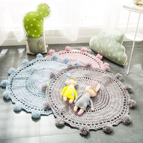 Hand-woven Round Carpet Crochet Area Rug for Kids Bedroom Living Room Play Floor Mat With Balls Knitted Alfombra Decor 80x80cm