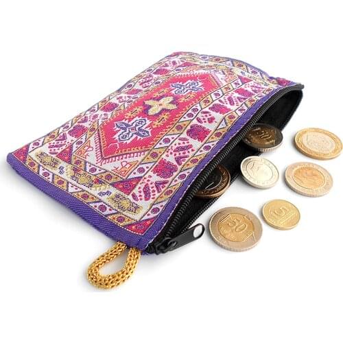 3 Pcs | Handmade Violet-Pink Turkish Carpet Pattern Women Wallet With Zipper | Gift Jewelry Bag Ideas for Wedding