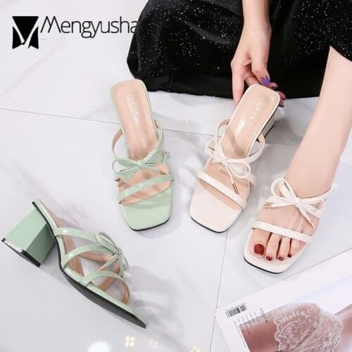 Cross-Band Bow Sandals Women Solid Leather Slippers Ladies Chunky High Heels Shoes Summer Thin Band Flip Flops Open Toe Sandalia