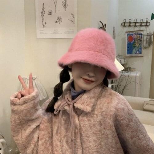INS Hat Winter Womens Fashion Solid Color Rabbit Fur Hat Bucket Cap Fishermans Hat Retro Knitted Wool Basin Bucket Casqute