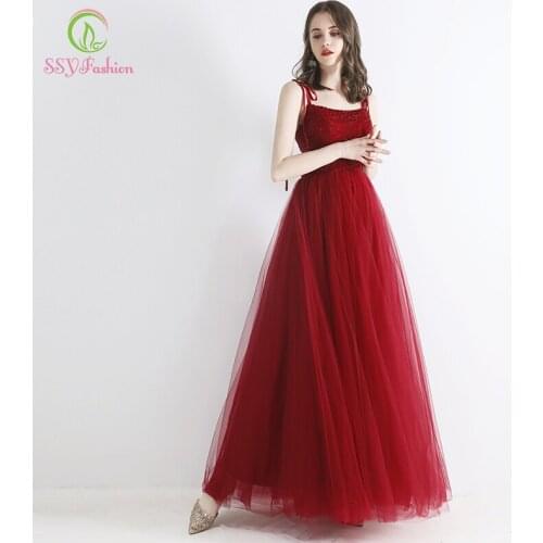 SSYFashion New Bride Married Banquet Elegant Evening Dress Vestido De Noche Burgundy Beading Floor-length Formal Gowns Custom