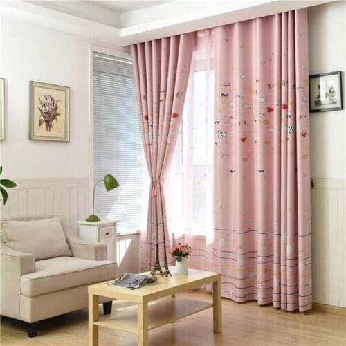 Living room childrens bedroom pink cartoon fish print tulle blackout curtain childrens curtain fabric and tulle