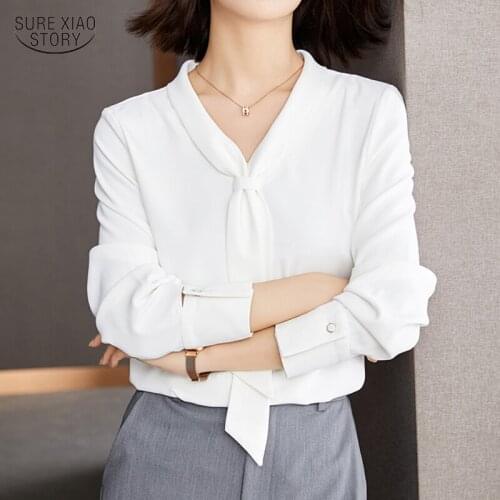 2021 Streamer Drape Bow Tie Shirt Women White Long-sleeve Elegant Chiffon Shirt Female Navy Collar Lady Causal Fashion Top 16210