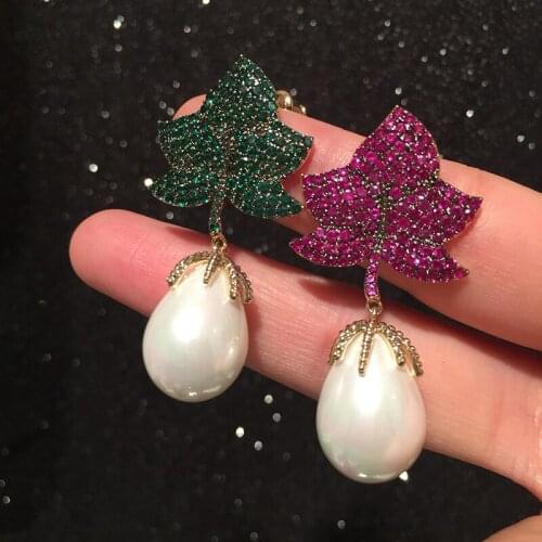 Fashion white pearl with cubic zirconia green leaf drop earring for women