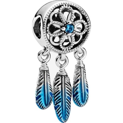 Blue Enamel Feather Dreamcatcher Pendant Fit Original Pandora Charms Bracelet Dream Catcher Beads DIY Jewelry for Women Necklace