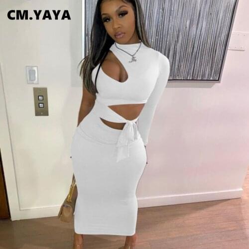 CM.YAYA Women Cut Out Holo One Long Sleeve Bodycon Women Midi Maxi Dress Sexy Night Party Clubwear Long Pencil Dresses