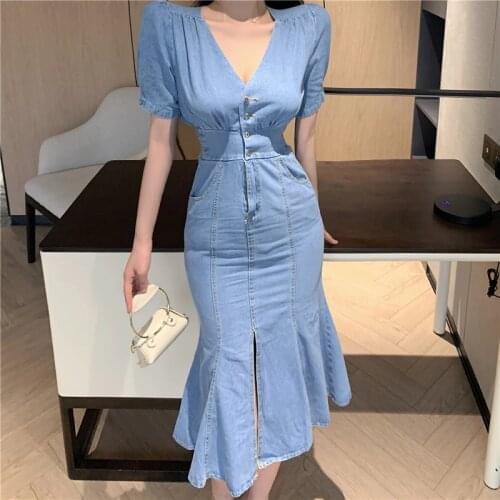 Dress Trumpet Solid Shorts Sleeve 2021 Summer Celebrity V-neck low-breasted High waist Sexy fishtail Button Denim Dress 635F