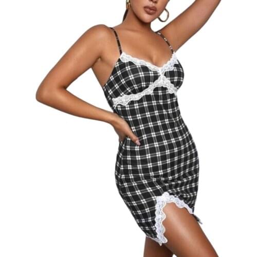 Womens Sexy Suspender Short Dress Summer 2021,Fashion Lace Partchwork Plaid Print Flounce V-neck Split Tight Dress