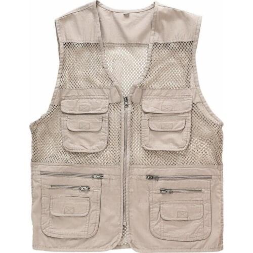 Summer Khaki Mesh Vest Men Thin Breathable Hollow Sleeveless Cotton Multi-pocket Hunting Tactical Vest Male Outdoor Outerwear