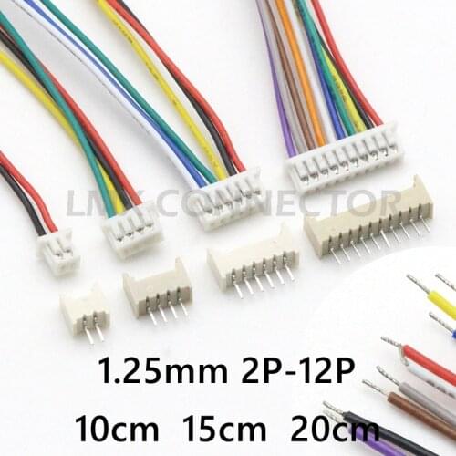 10 sets MICRO JST 1.25mm Pitch Female Connector Wire 10CM 15CM 20CM 28AWG 2/3/4/5/6/7/8/9/10/11/12 Pin with Straight Pin Socket