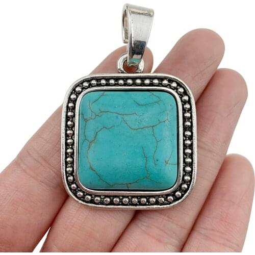 2 x Antique Silver Color Square Shape Artificial Turquoise Charms Pendants for Necklace Jewellery Making 52x35mm