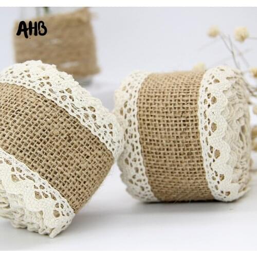 2m/roll 6cm Natural Jute Burlap Hessian Ribbon With Transparent Lace DIY Trim Fabric For Sewing Wedding Decoration Accessories