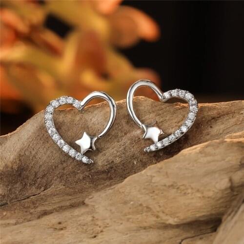 White Zircon Cute Heart Stud Earrings For Women Wedding Jewelry Vintage Gold/Silver Color Multicolor Stone Small Star Earrings
