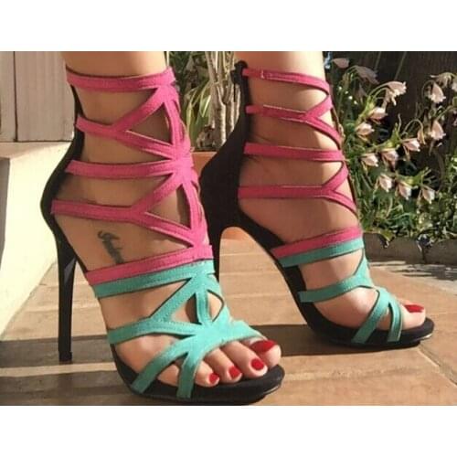 Brand red/blue contrast color stiletto heel sandals women hollow out patchwork high heels pumps girls party dress shoes woman wo