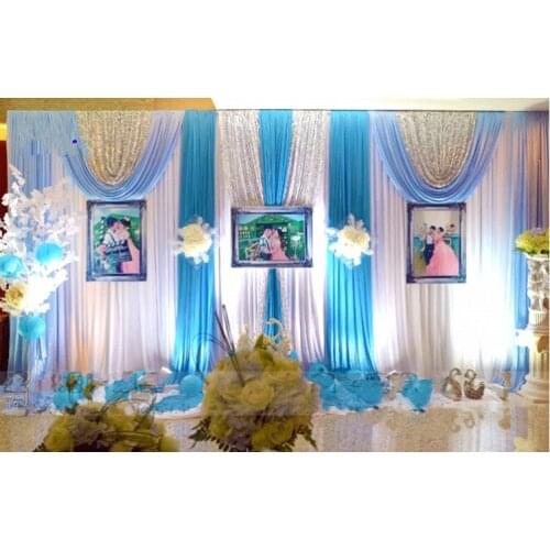 3*6m Wedding Party Ice Silk Fabric Drapery Blue Color With Silver Sequins Swag Stage Prop Fashion Drape Curtain Backdrop