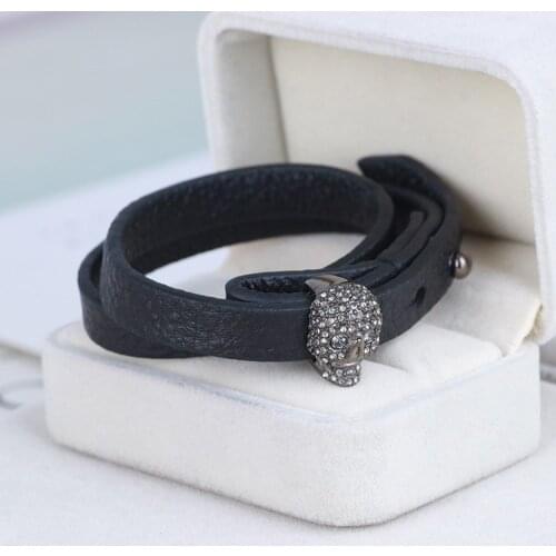 European and American jewelry black leather skull with diamonds double layer adjustable fashion bracelet womens jewelrys
