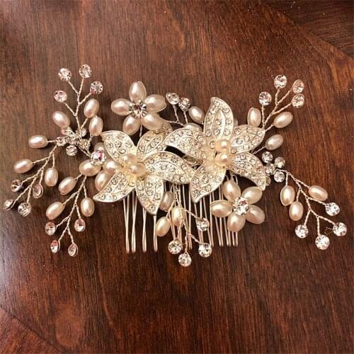 GETNOIVAS Elegant Crystal Rhinestone Pearl Flower Hair Comb Tiara Women Handmade Headdress Bride Jewelry Wedding Hair Accessorie
