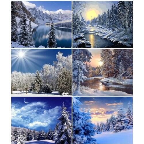 HUACAN Painting By Number Snow Forest Landscape Handpainted Wall Art Paint By Numbers Winter River Kits Unique Gifts