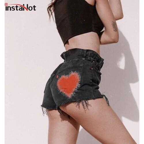 InstaHot Sexy Mini Jeans Short Heart Printed Vintage Summer Women 2021 Streetwear Fashion White Black High Waisted Denim Shorts