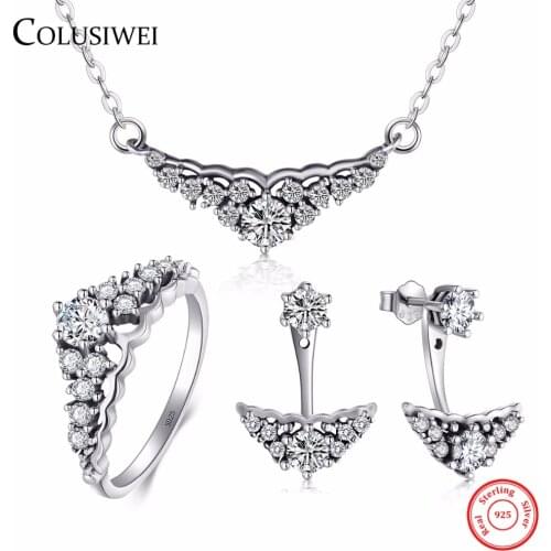 2021 Solid 925 Sterling Silver Jewelry Set Classic Wedding Ring Fashion Pendant Necklace Simple Crown Stud Earrings For Women
