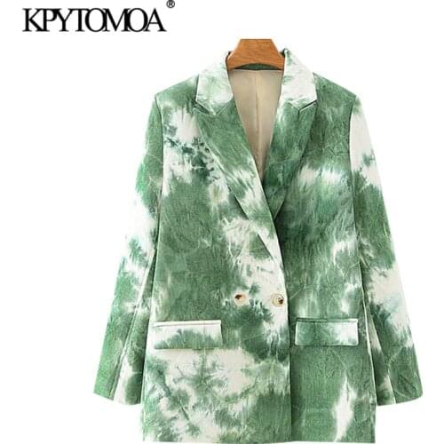 KPYTOMOA Women 2020 Fashion Double Breasted Tie-dye Print Blazers Coat Vintage Long Sleeve Pockets Female Outerwear Chic Tops