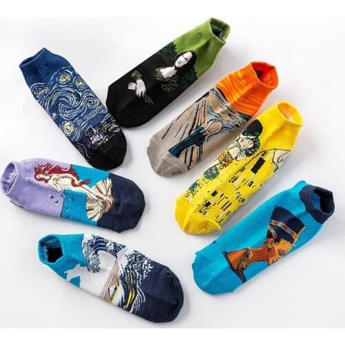 4 Pairs Unisex Classic Van Gogh Oil Painting Casual Men Women Funny Sock Fashion Harajuku Fruit Animal Cotton Female Ankle Socks