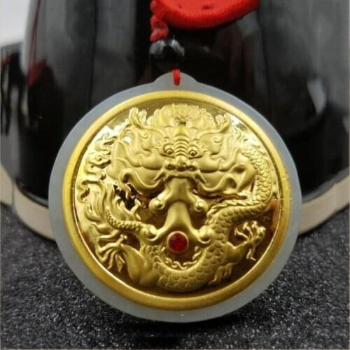 New Arrival Pure 24K Yellow Gold Pendant Nephrite Hetian Jade Luck Dragon Round Pendant 40x41mm