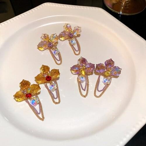 Origin Summer Exaggeration Multicolor Crystal Flower Dangle Earring for Women Girls Long Tassel Chain Metal Earring Jewelry