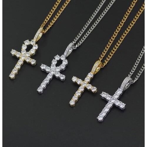 Hip Hop AAA CZ Stone Paved Bling Iced Out Ankh Cross Pendants Necklace for Men Women Fashion Jewelry Gold Color Gift