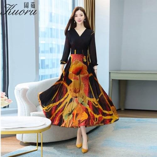 Black Women Long Sleeve Dress Casual Chiffon Fleurie Spring Autumn V Neck Robe Longue Plage Vestiti Donna Eleganti Streetwear