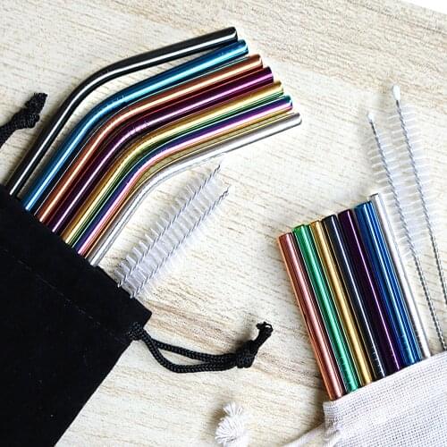 6Pcs Reusable Metal Straw Stainless Steel Straws for Drinks with Cleaning Brush Eco Friendly Zero Waste 215MM Pipe for Mugs
