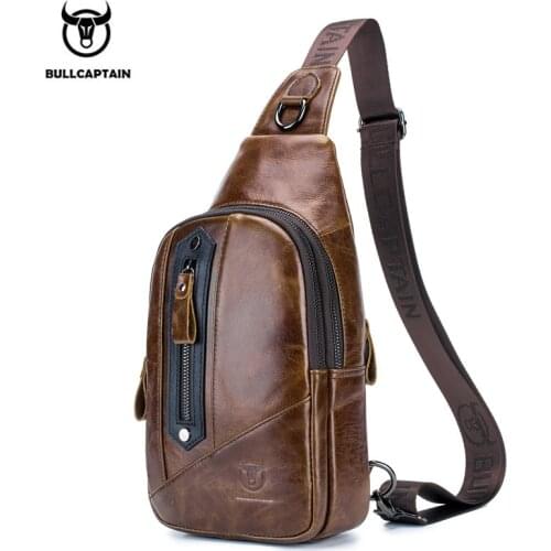 BULLCAPTAIN Leather Mens Shoulder Messenger Top Layer Cowhide Trend Soft Slim Multifunctional Chest Bag
