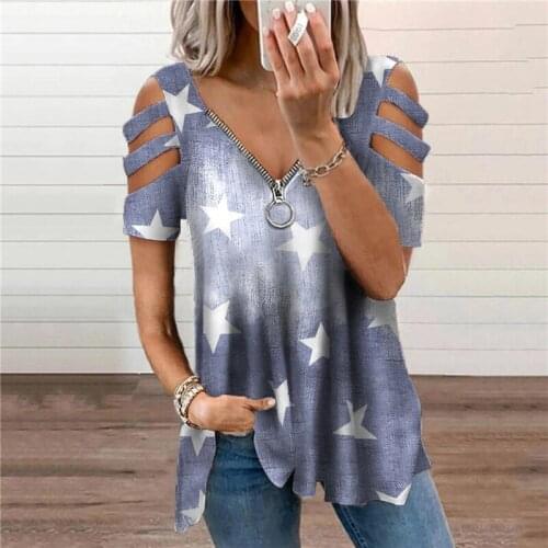 Harajuku Loose Star Printed Shirt Women Casual Zipper t-shirts Vintage Sexy Women Printed Hollow Out Off Shoulder t-shirts Tops